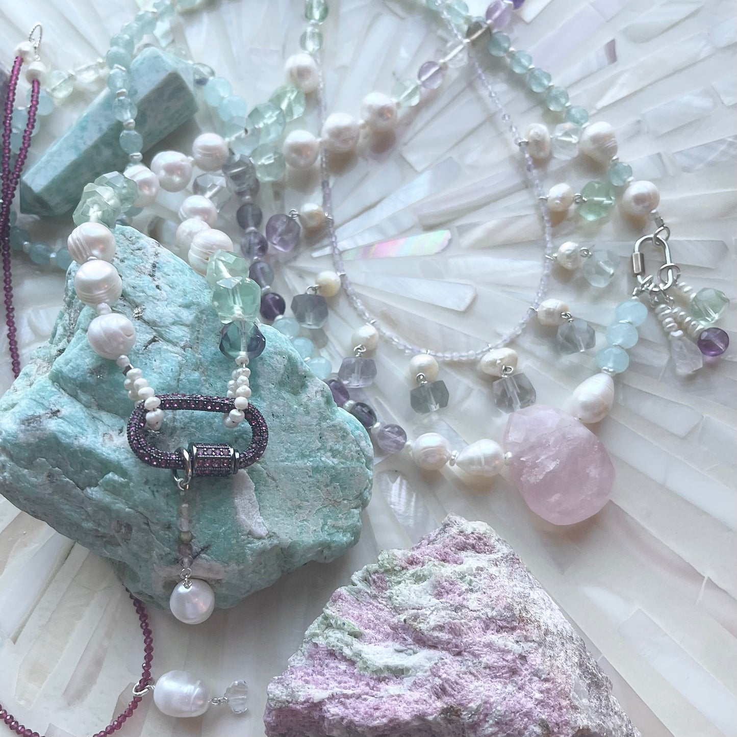 Faceted Rainbow Fluorite Pearl Watermelon Tourmaline Gemstone Carabiner Lariat Necklace OOAK