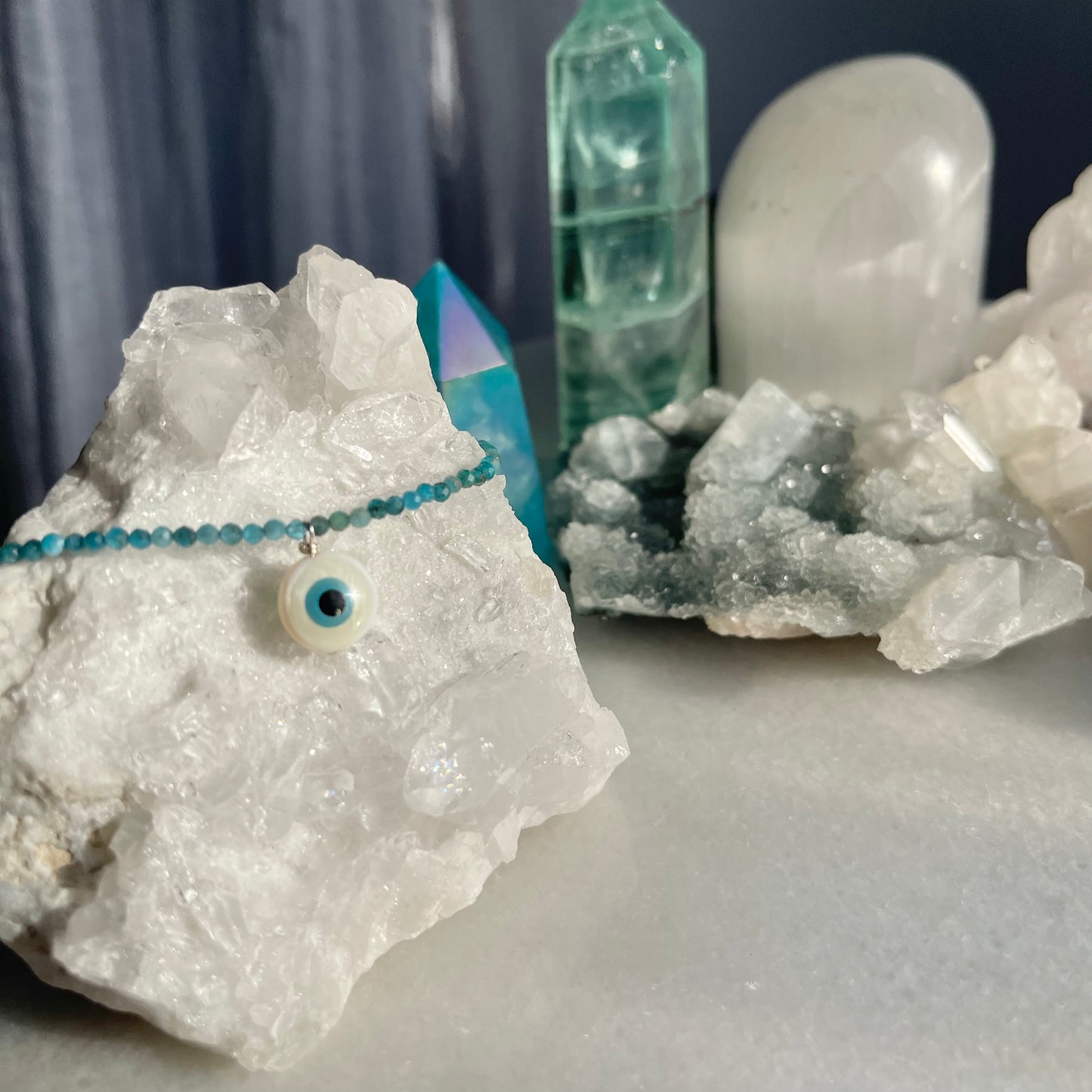 Evil Eye Micro-faceted Blue Apatite Gemstone Necklace