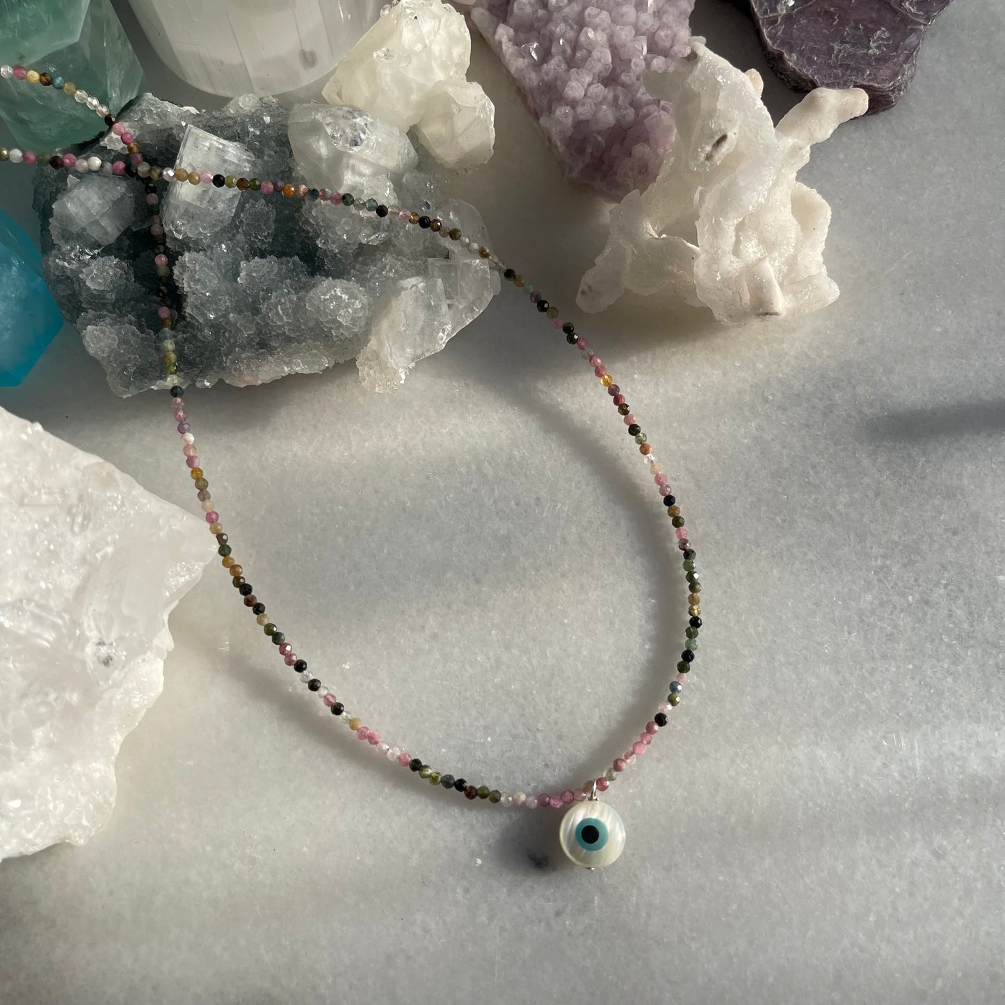 Evil Eye Micro-faceted Watermelon Tourmaline Necklace