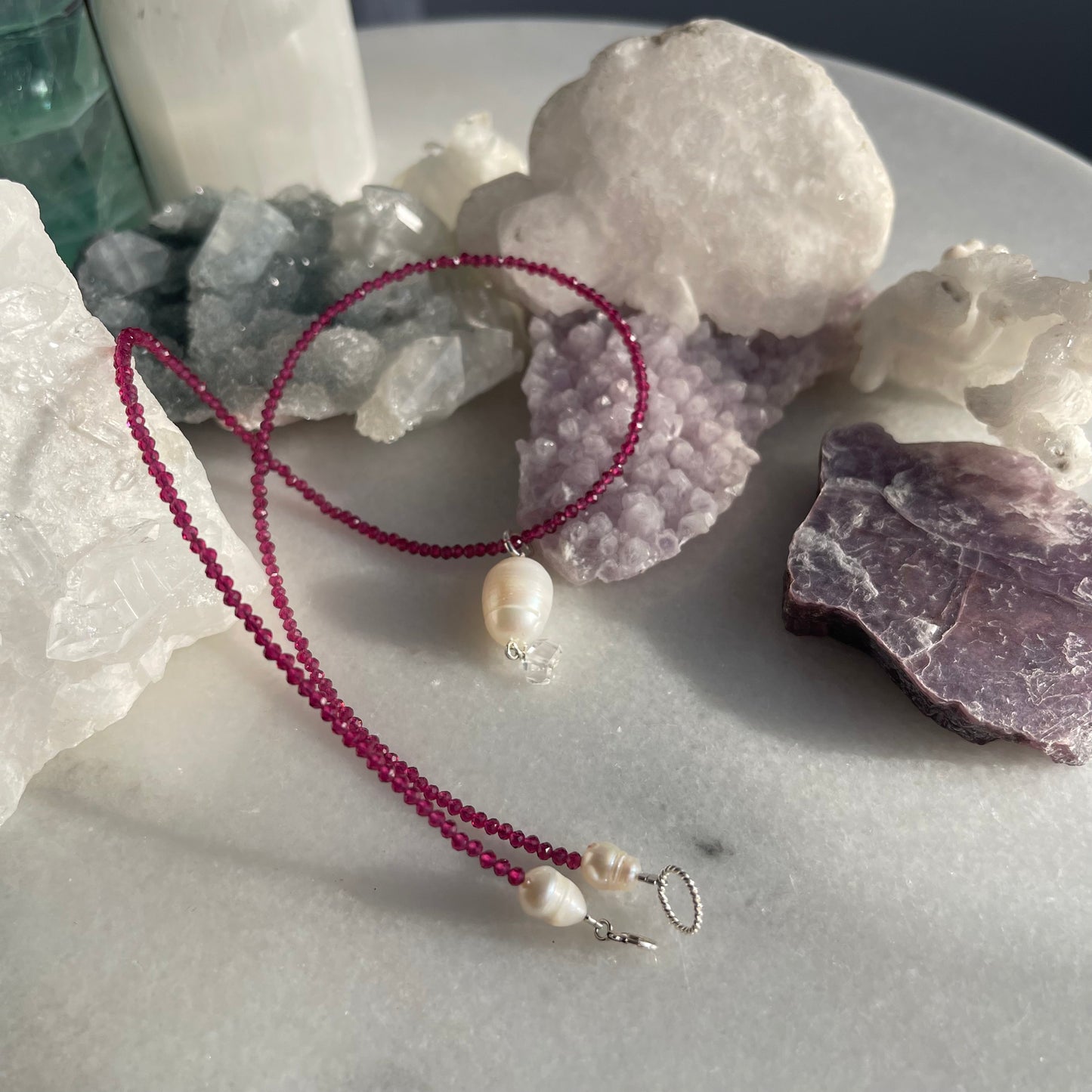 Ruby Micro-faceted with Pearl & Herkimer Diamond Necklace