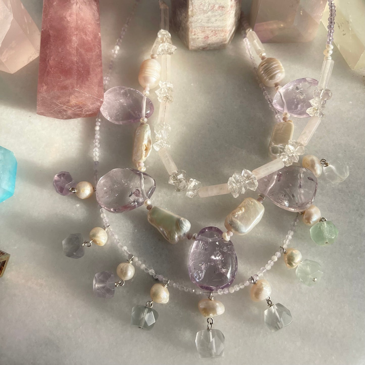 Fluorite + Pearl + Amethyst Beaded Necklace OOAK
