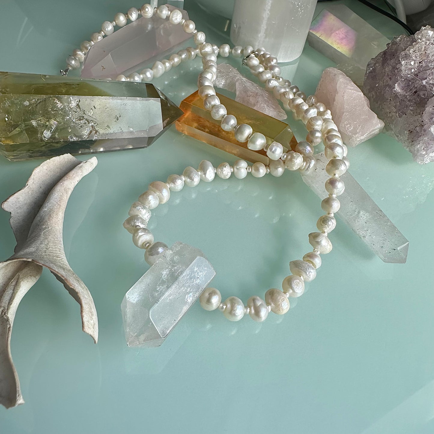 Quartz Crystal & Pearl Necklace OOAK