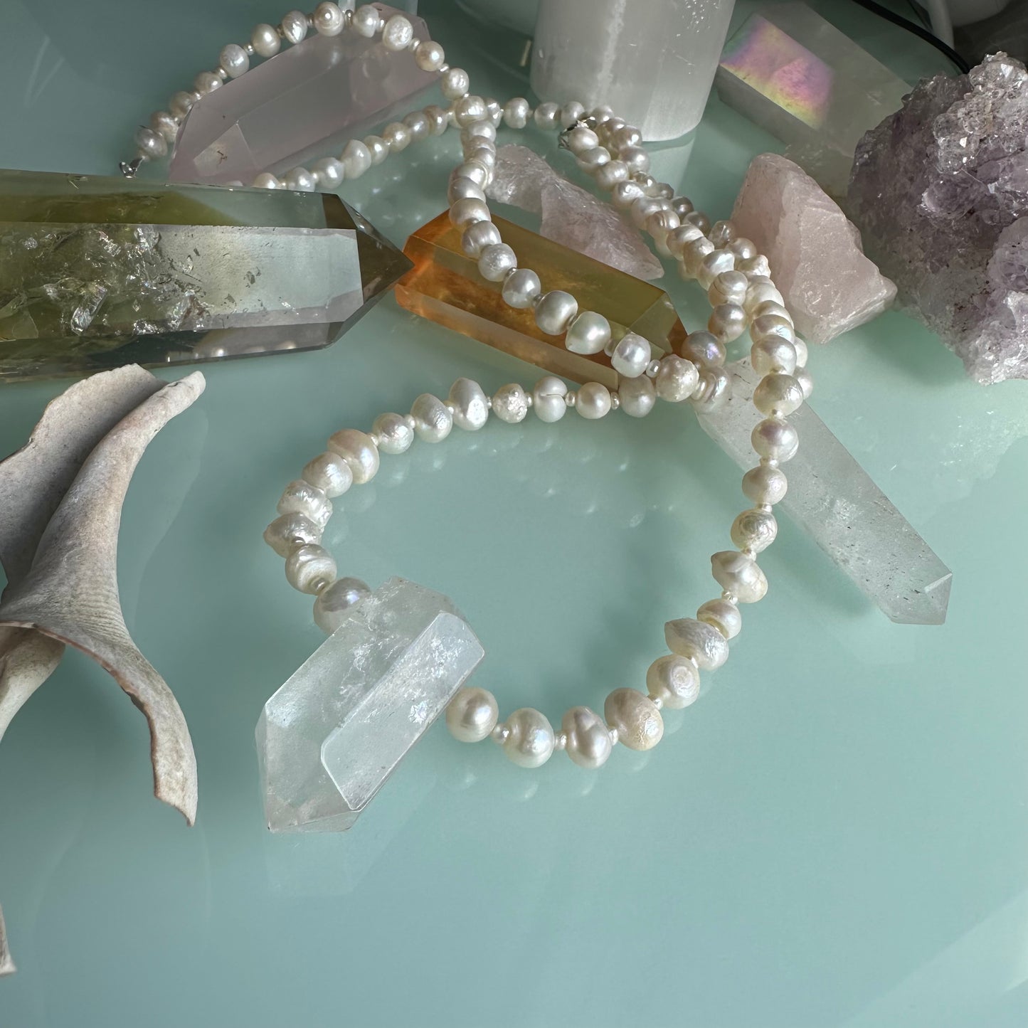 Quartz Crystal & Pearl Necklace OOAK