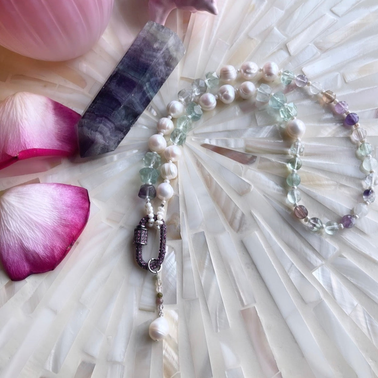 Faceted Rainbow Fluorite Pearl Watermelon Tourmaline Gemstone Carabiner Lariat Necklace OOAK