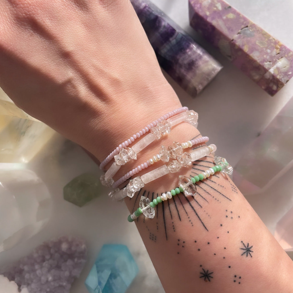 Soft Lavender Mini Beads + Pearls + Herkimer Diamond Bracelet Duo OOAK