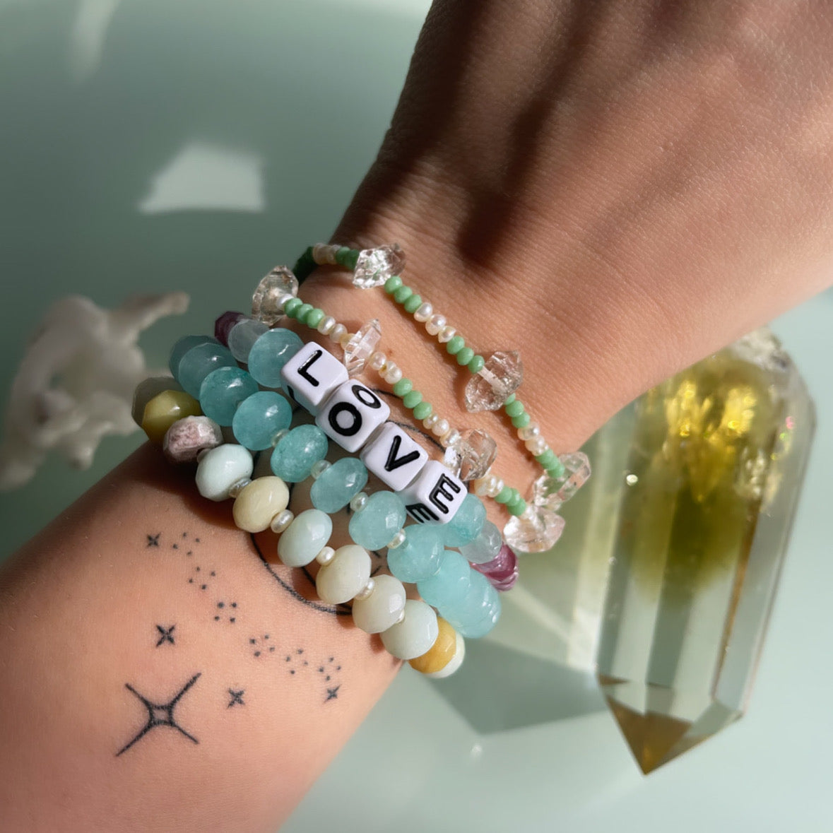 Mint Green + Pearls + Herkimer Diamond Crystal Minibeaded Bracelet Set