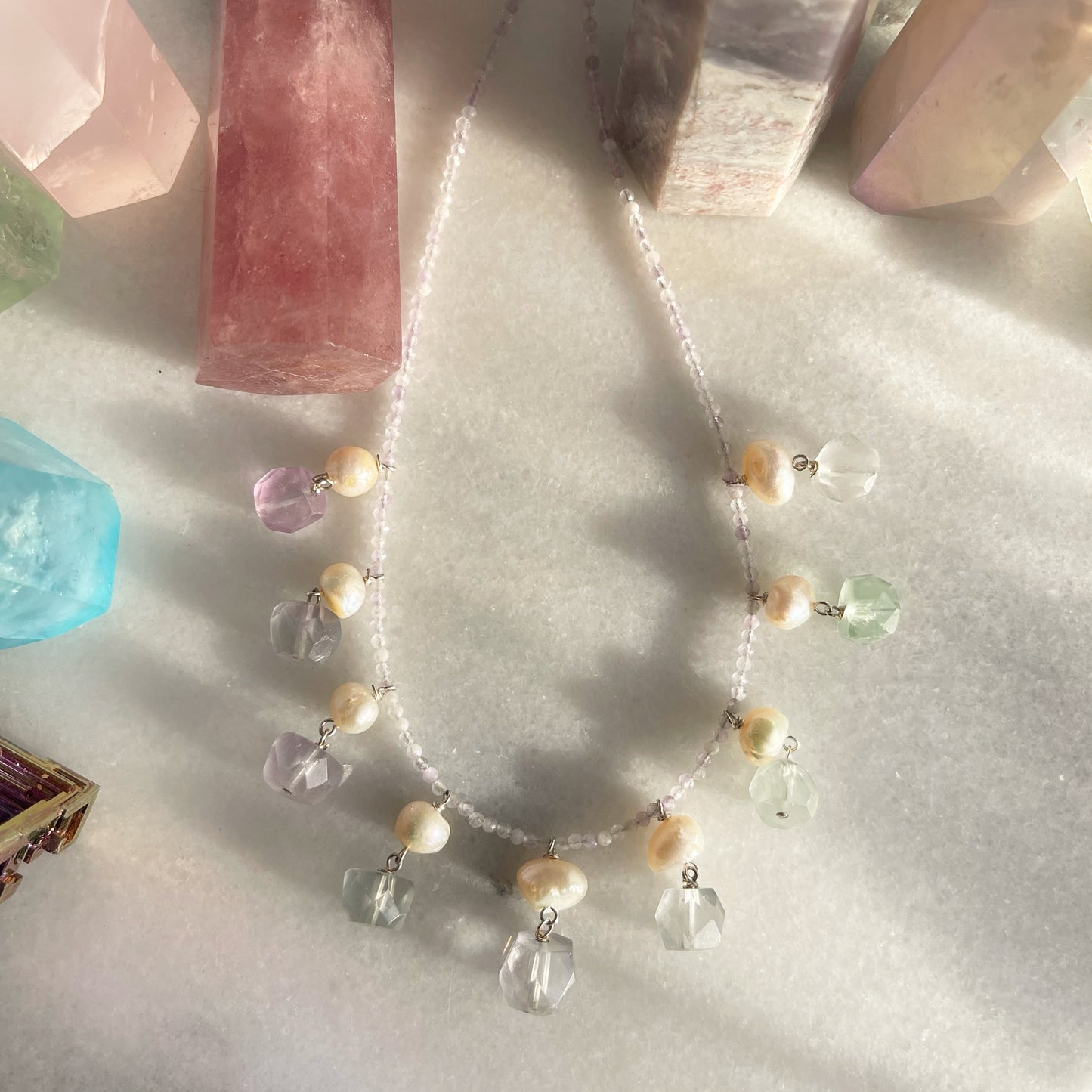 Fluorite + Pearl + Amethyst Beaded Necklace OOAK