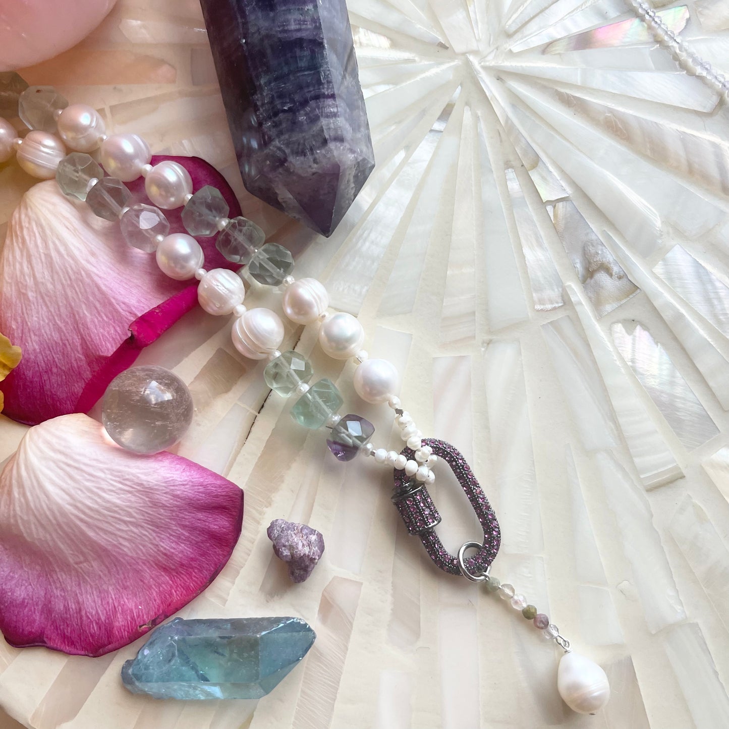 Faceted Rainbow Fluorite Pearl Watermelon Tourmaline Gemstone Carabiner Lariat Necklace OOAK