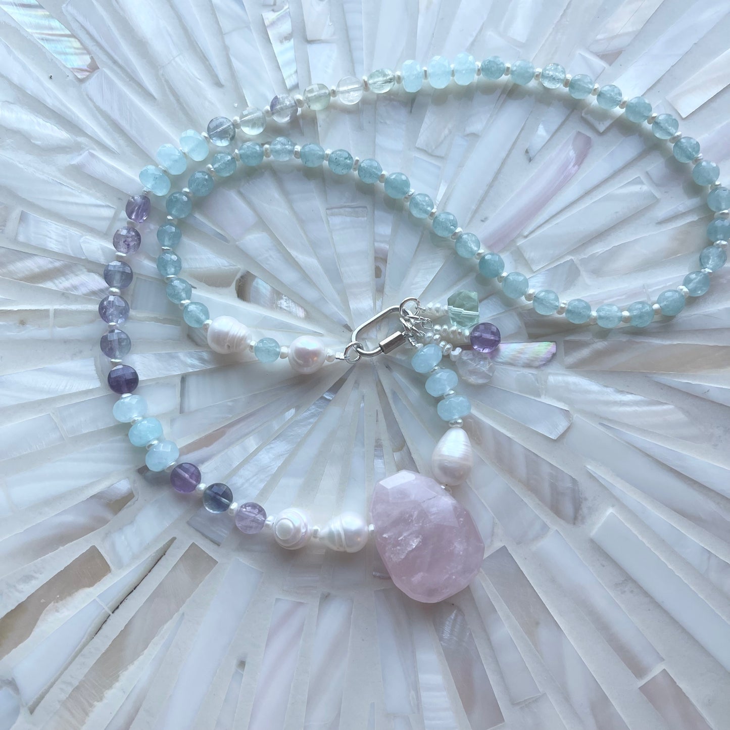 Rose Quartz Pendant, Fluorite, Pearl &  Carabiner Hardware Necklace OOAK