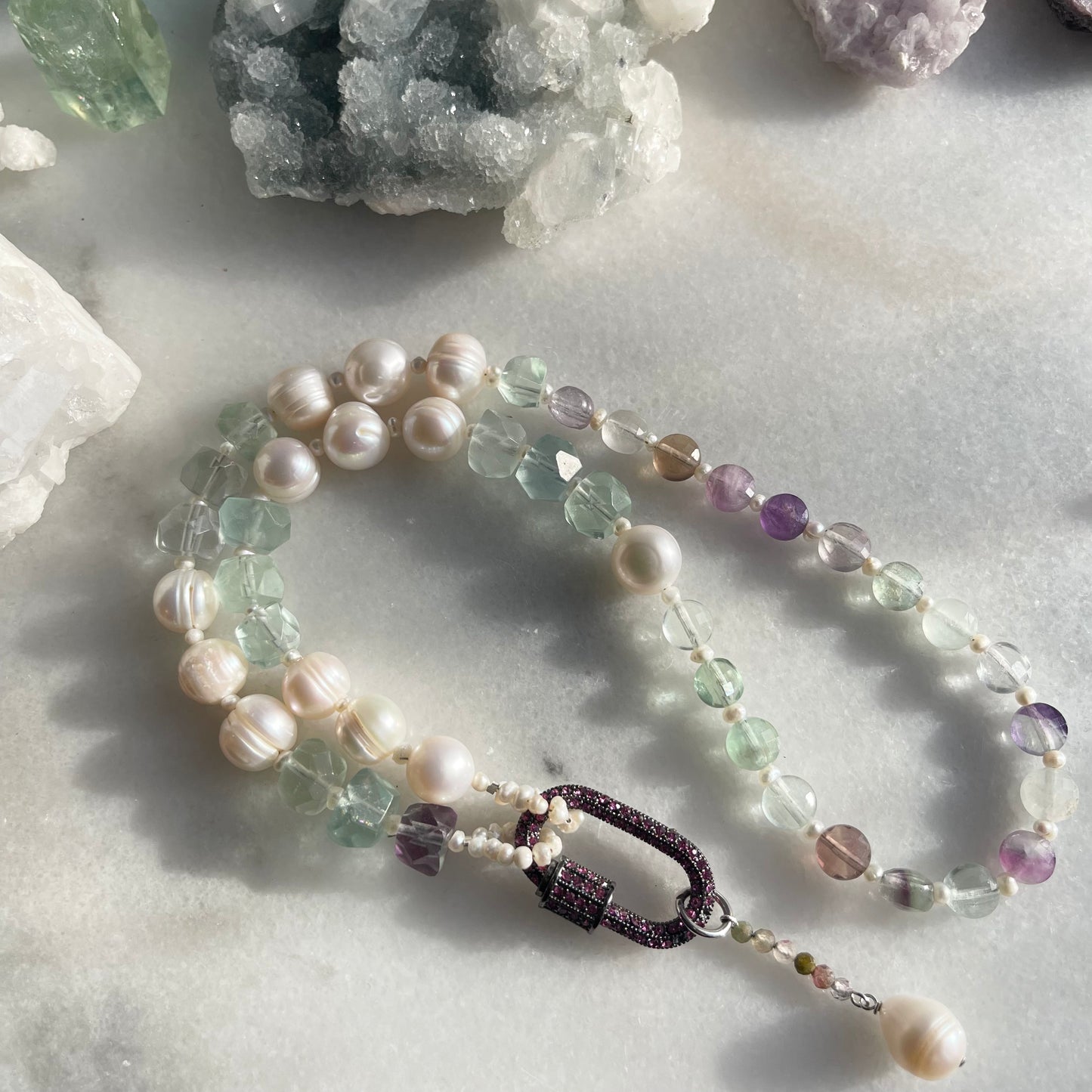 Faceted Rainbow Fluorite Pearl Watermelon Tourmaline Gemstone Carabiner Lariat Necklace OOAK