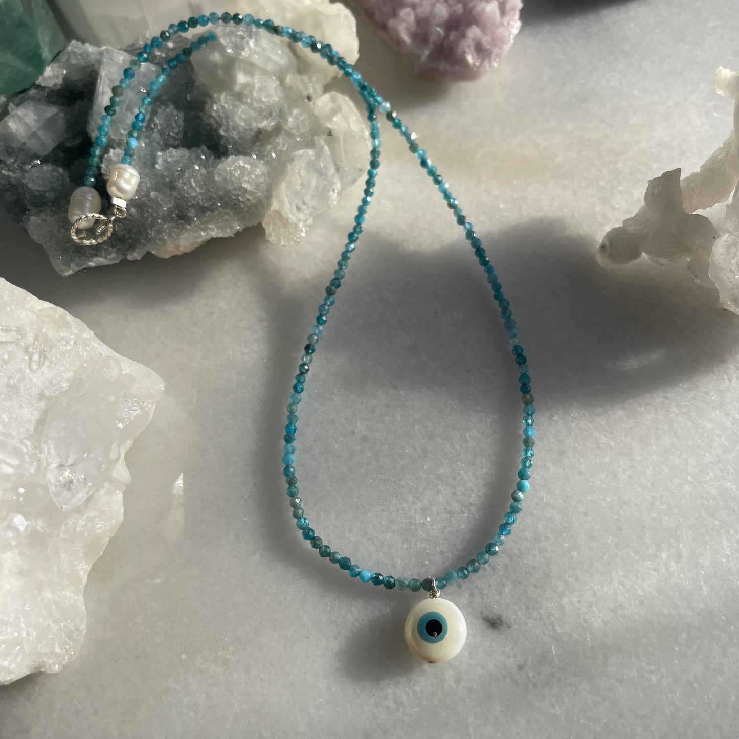 Evil Eye Micro-faceted Blue Apatite Gemstone Necklace