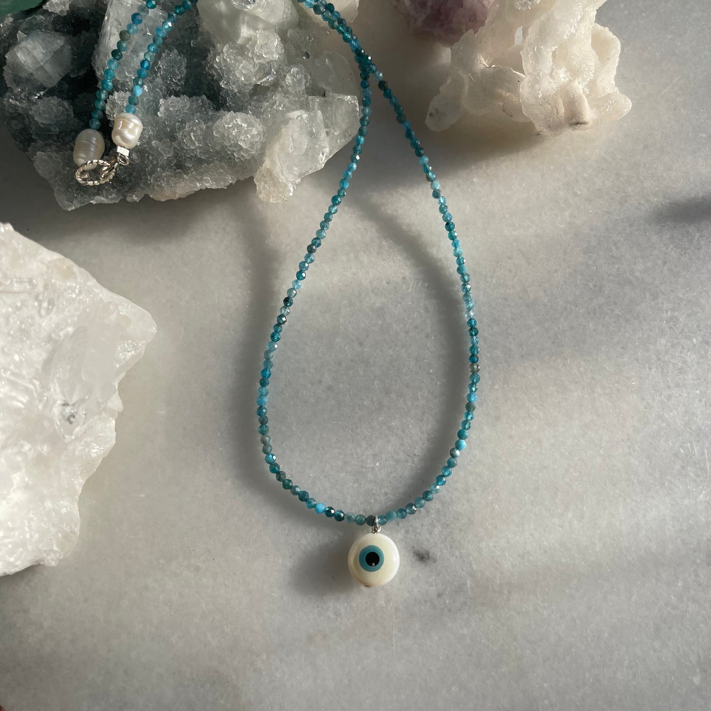 Evil Eye Micro-faceted Blue Apatite Gemstone Necklace