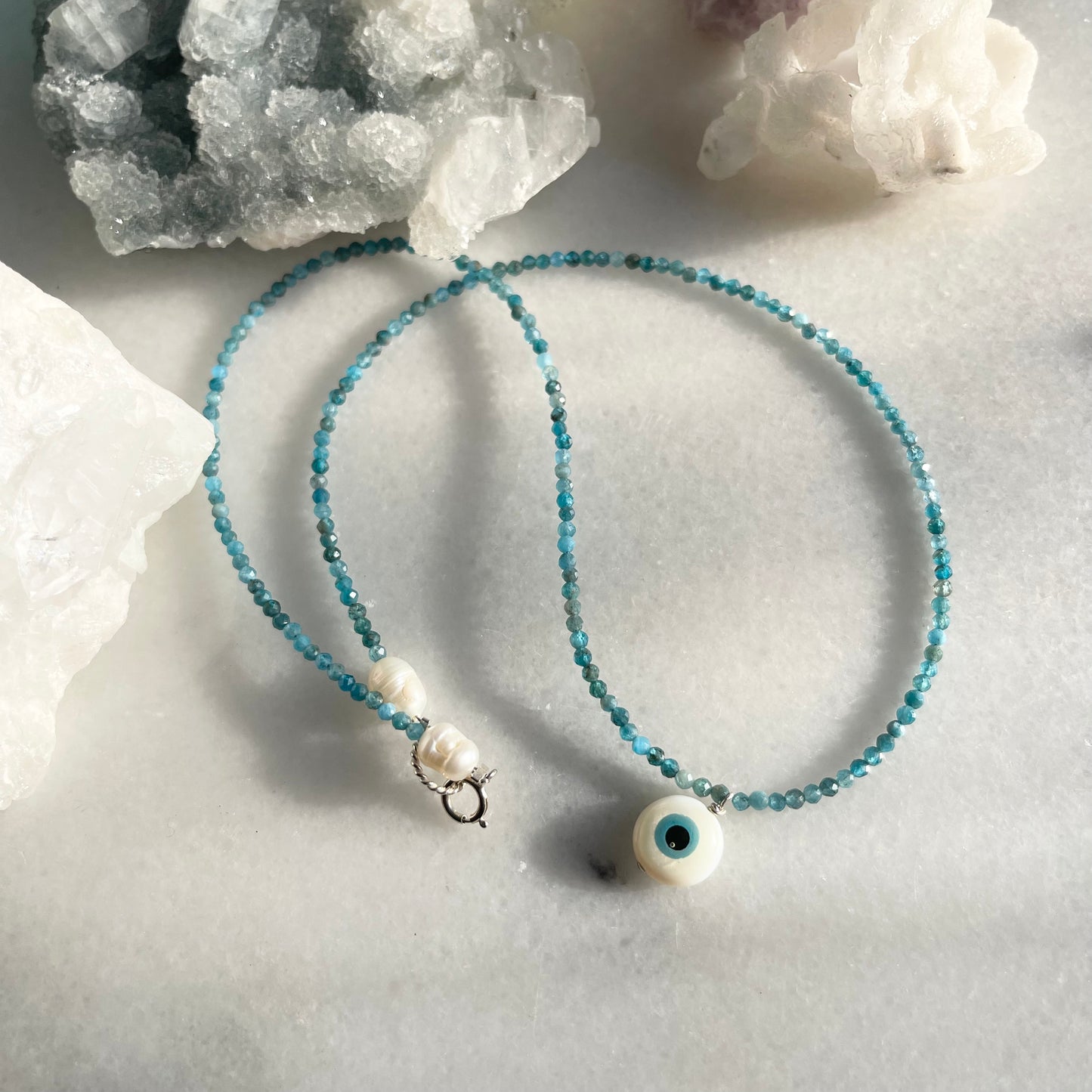 Evil Eye Micro-faceted Blue Apatite Gemstone Necklace