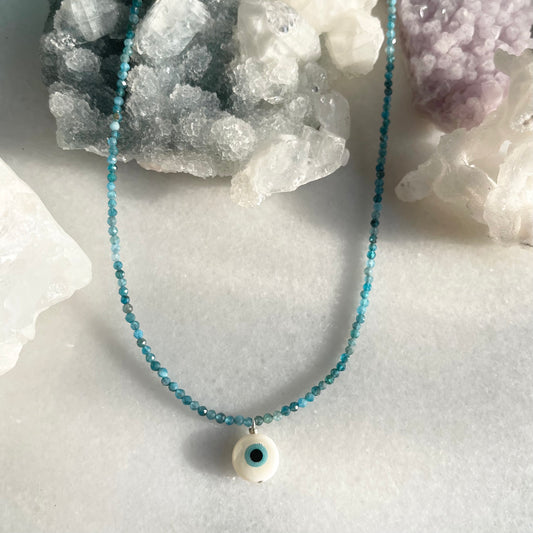 Evil Eye Micro-faceted Blue Apatite Gemstone Necklace