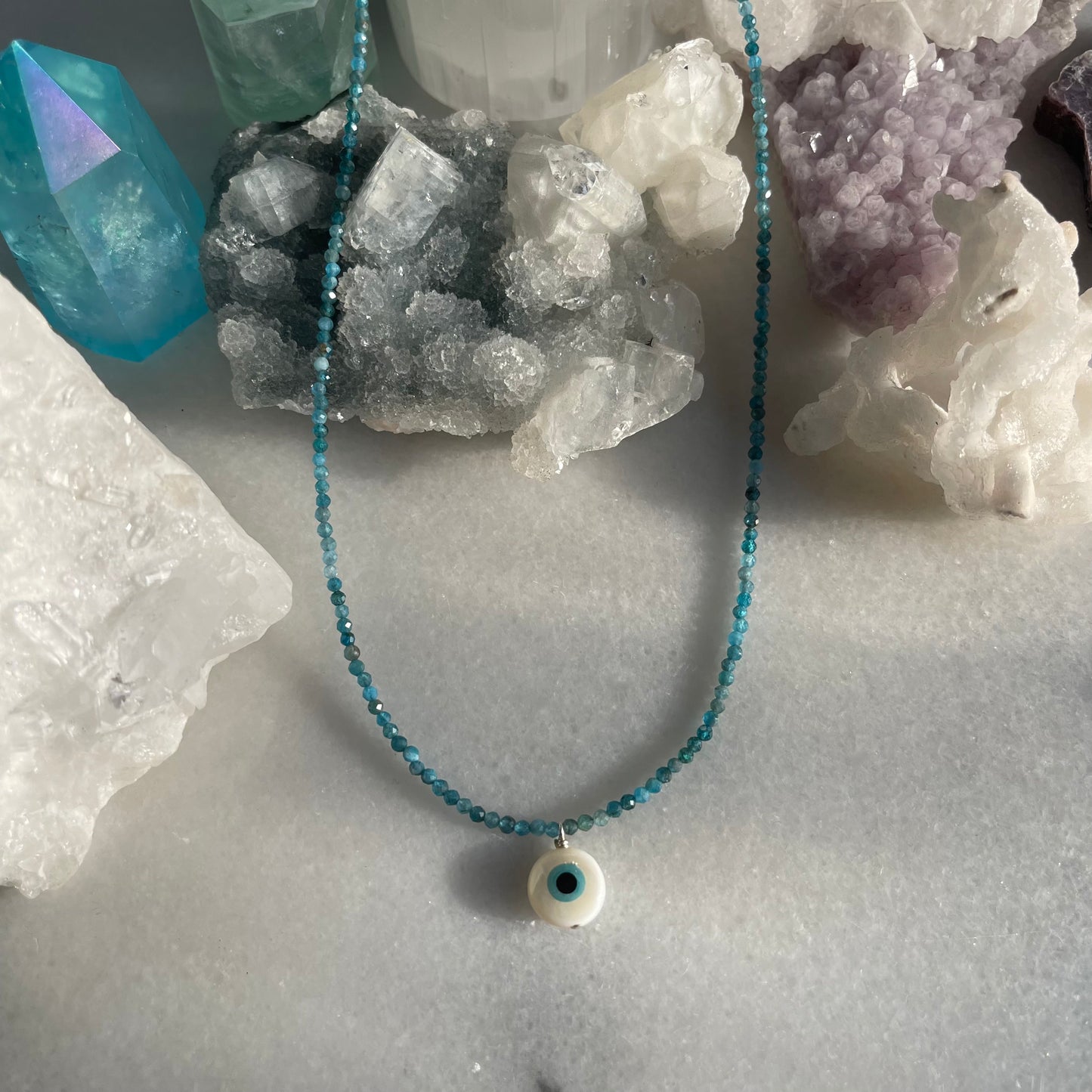 Evil Eye Micro-faceted Blue Apatite Gemstone Necklace