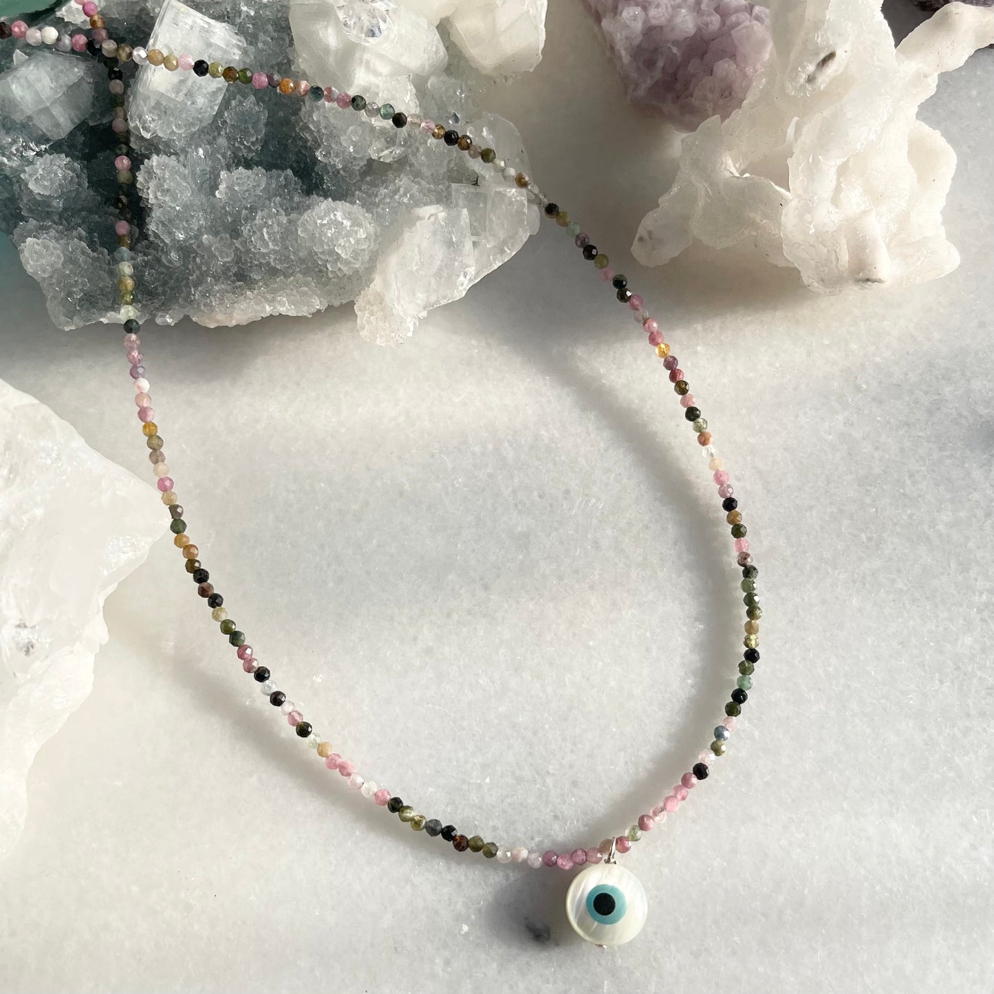 Evil Eye Micro-faceted Watermelon Tourmaline Necklace