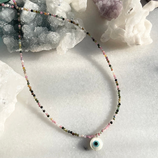 Evil Eye Micro-faceted Watermelon Tourmaline Necklace