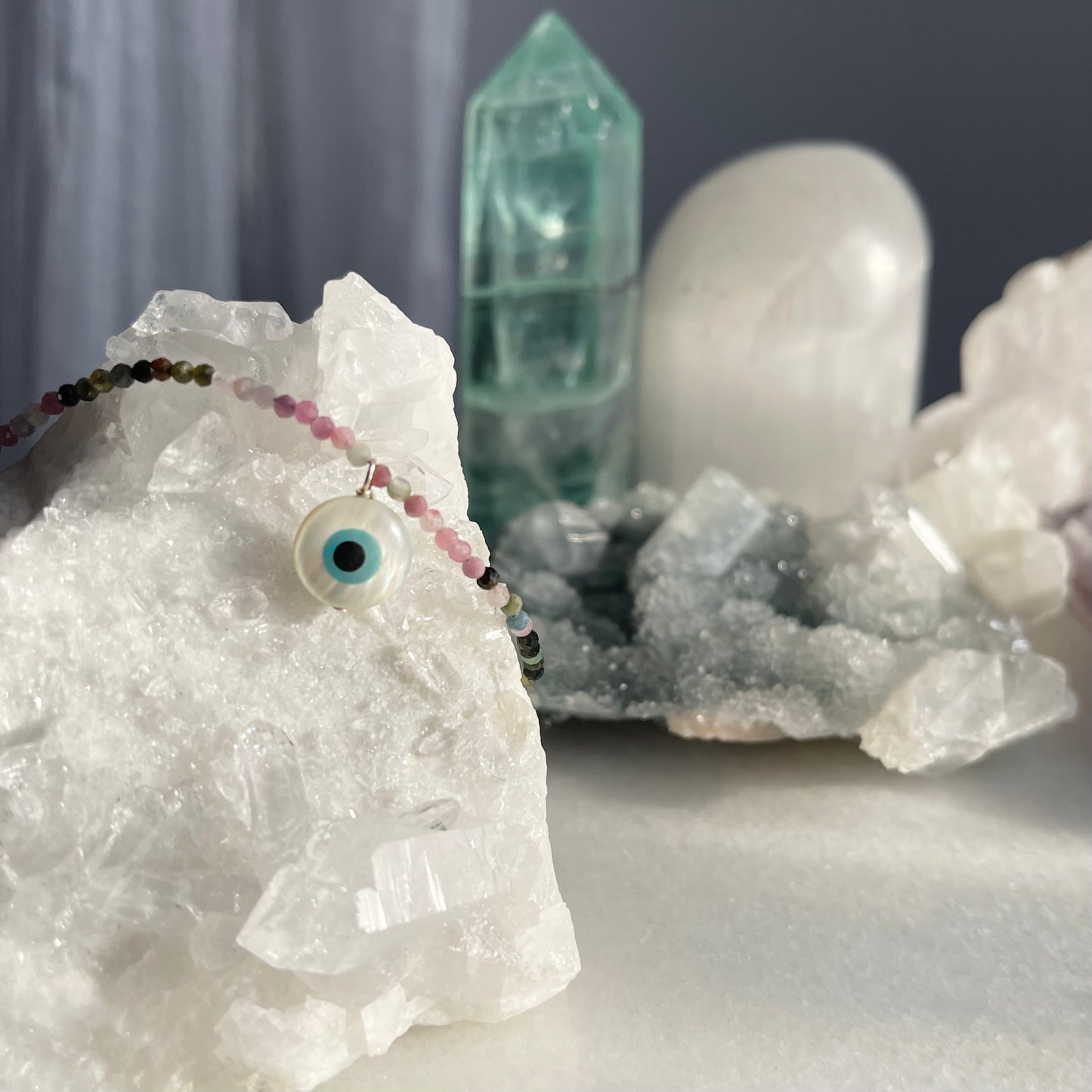 Evil Eye Micro-faceted Watermelon Tourmaline Necklace