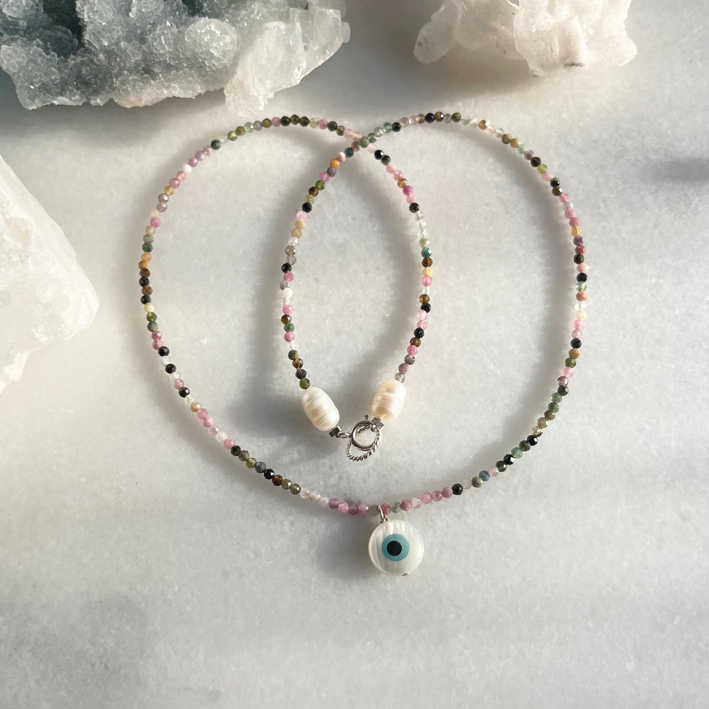 Evil Eye Micro-faceted Watermelon Tourmaline Necklace