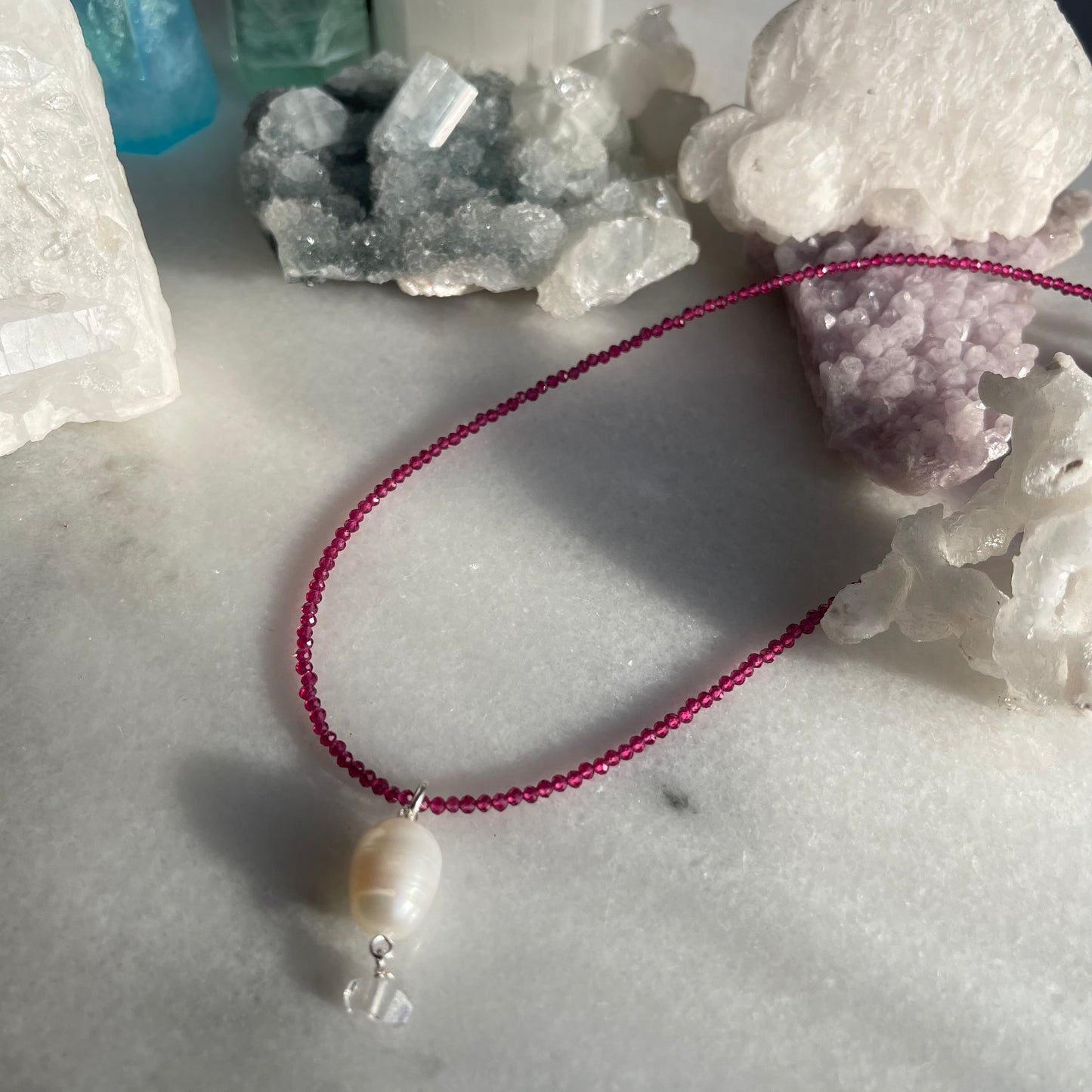 Ruby Micro-faceted with Pearl & Herkimer Diamond Necklace