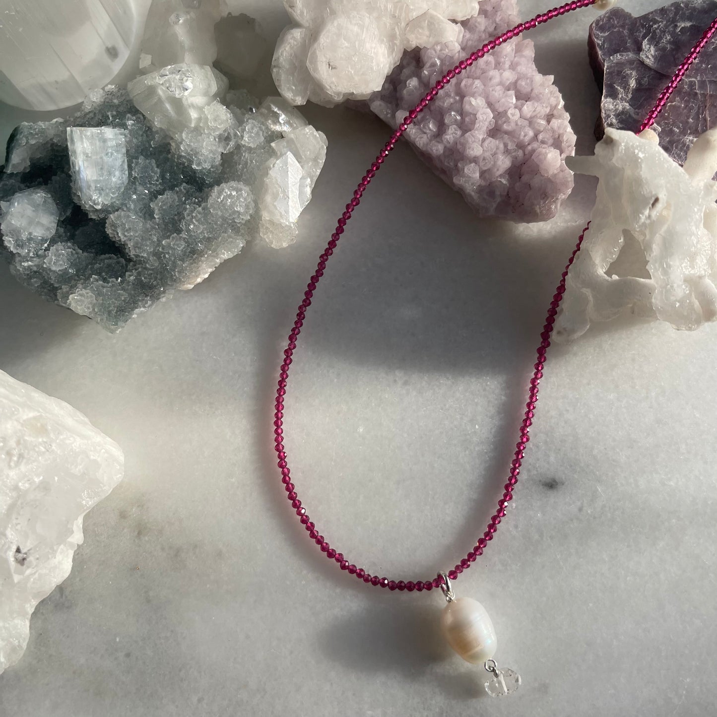 Ruby Micro-faceted with Pearl & Herkimer Diamond Necklace