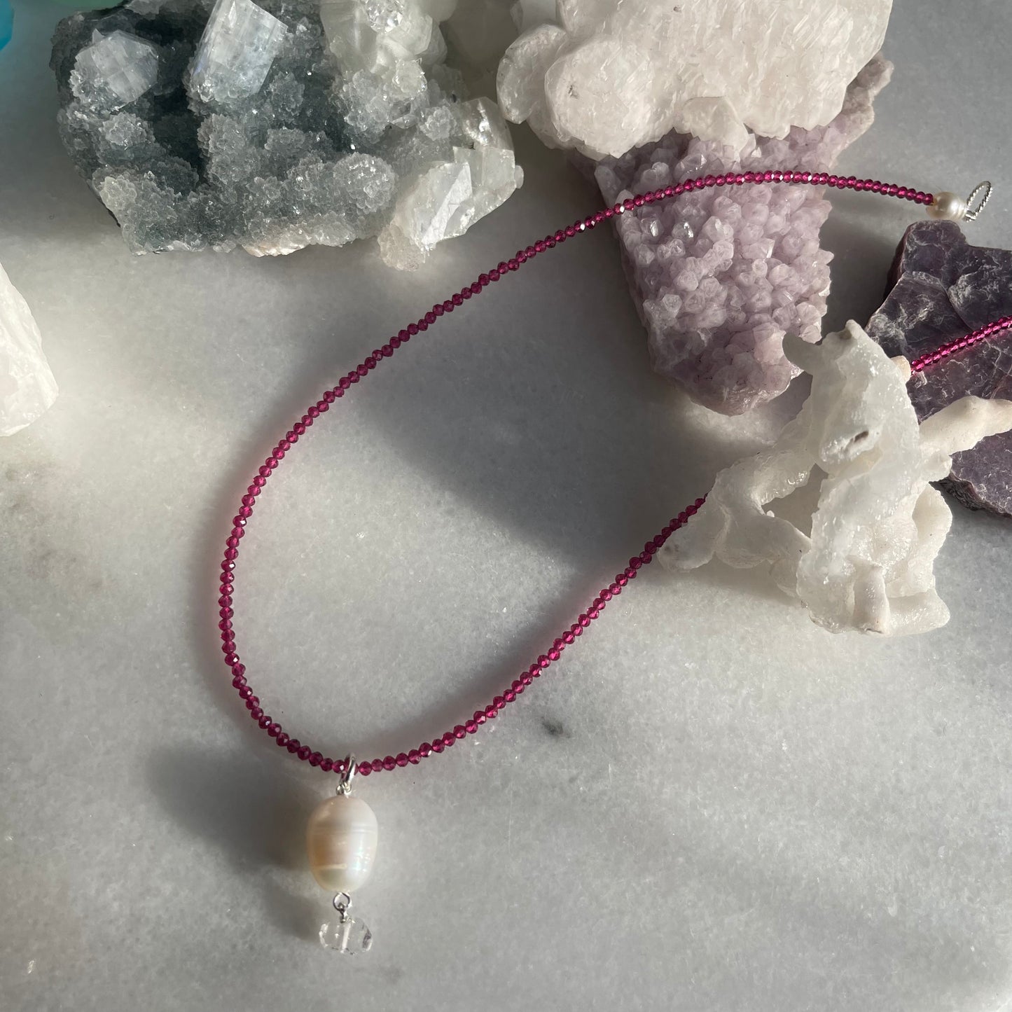 Ruby Micro-faceted with Pearl & Herkimer Diamond Necklace