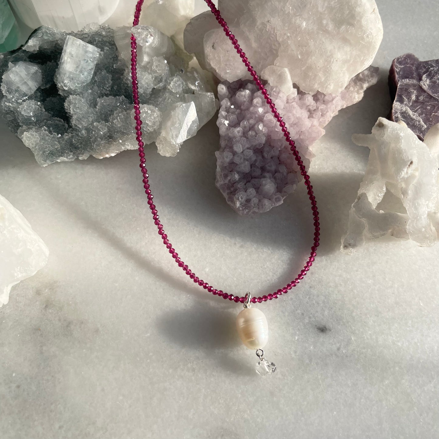 Ruby Micro-faceted with Pearl & Herkimer Diamond Necklace