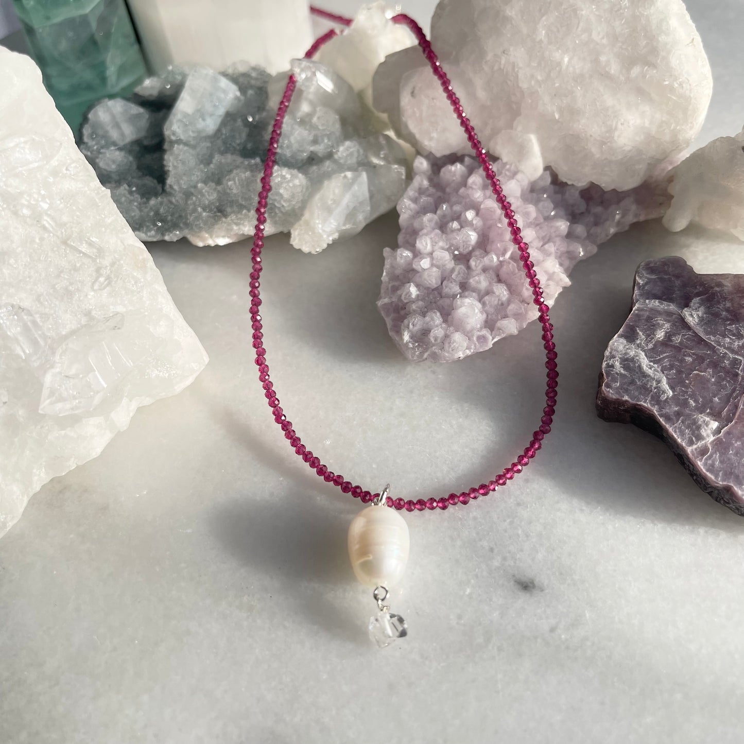 Ruby Micro-faceted with Pearl & Herkimer Diamond Necklace