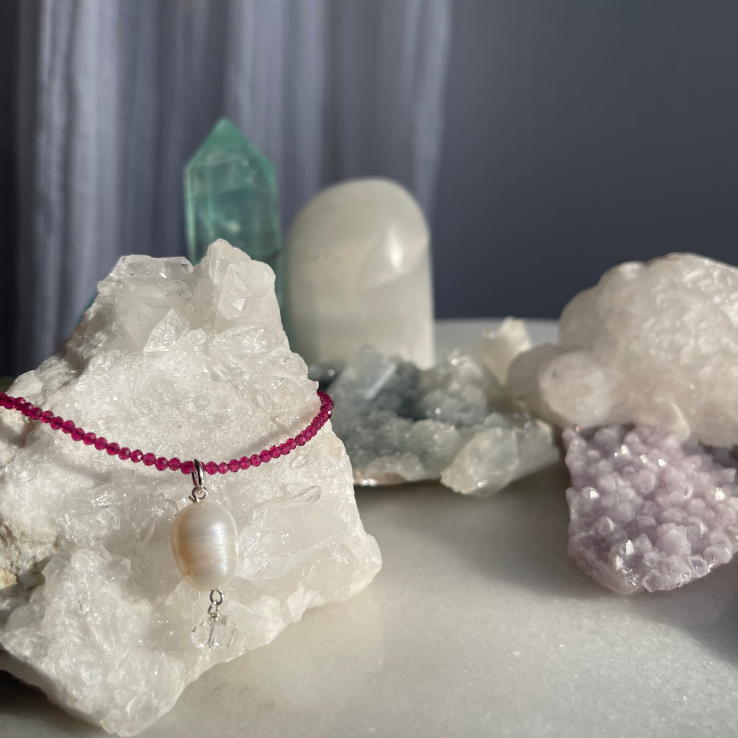 Ruby Micro-faceted with Pearl & Herkimer Diamond Necklace