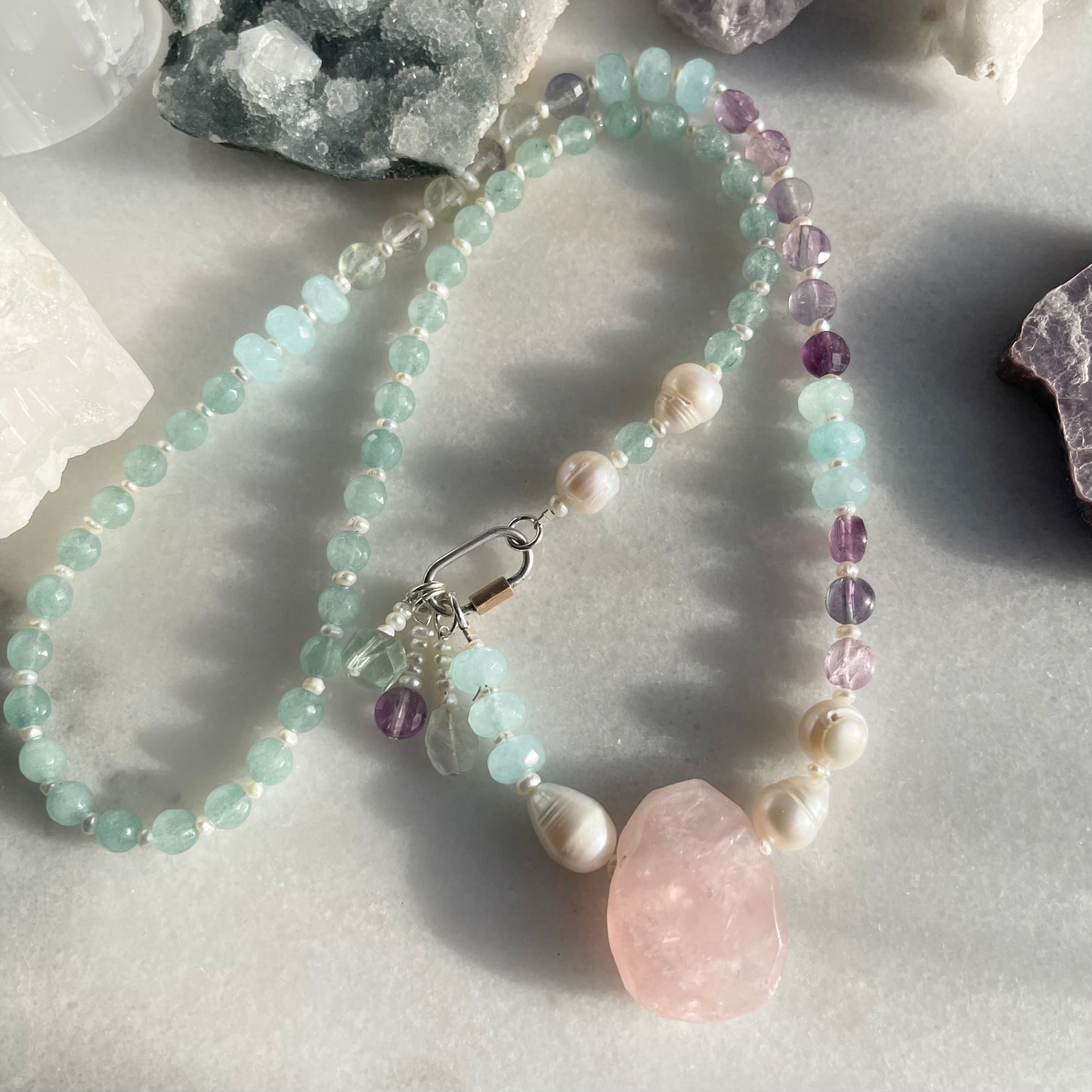 Rose Quartz Pendant, Fluorite, Pearl &  Carabiner Hardware Necklace OOAK