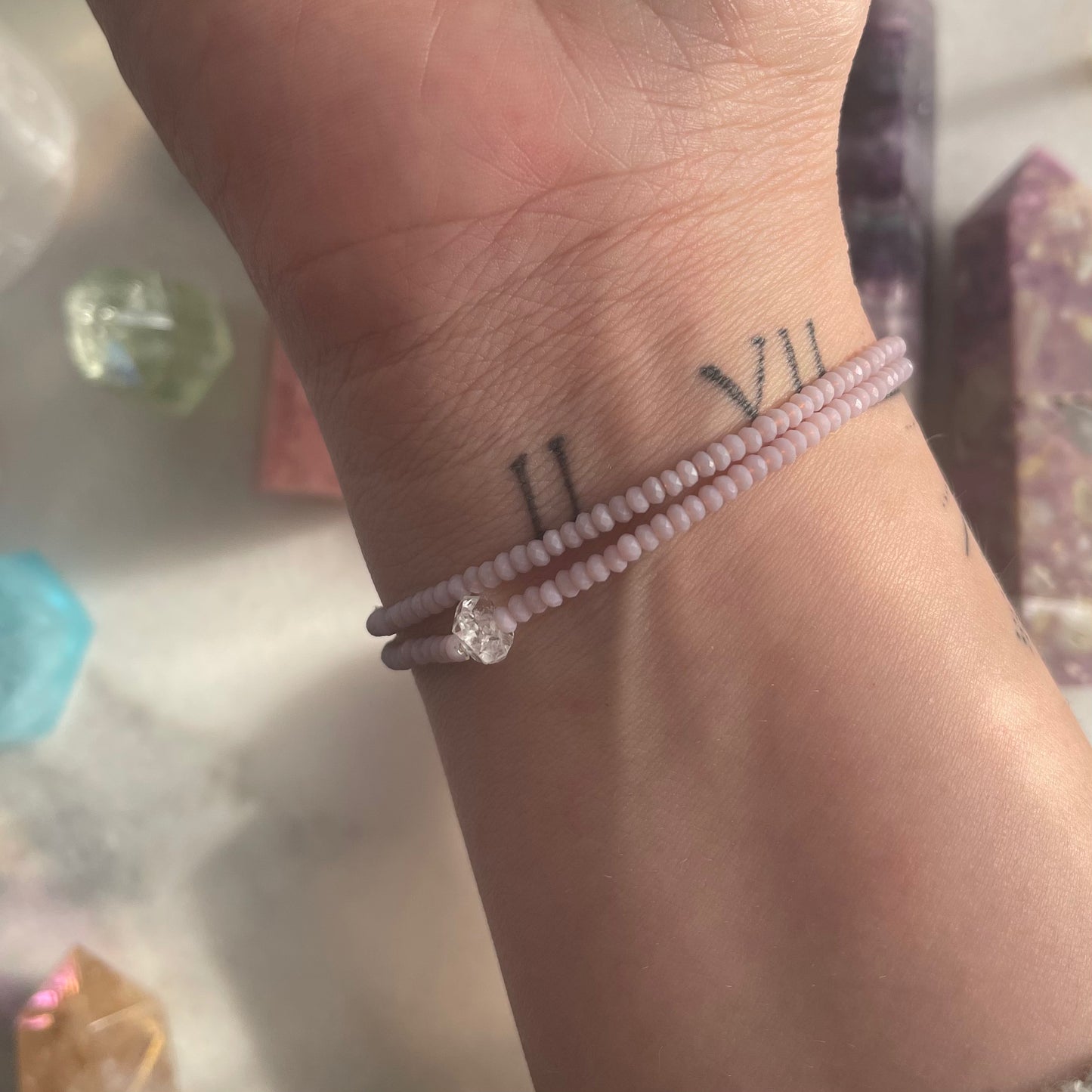 Soft Lavender Mini Beads + Pearls + Herkimer Diamond Bracelet Duo OOAK