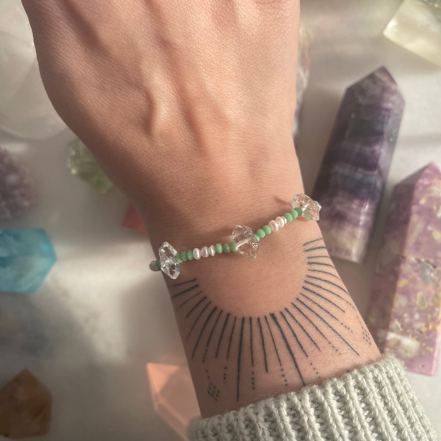 Mint Green + Pearls + Herkimer Diamond Crystal Minibeaded Bracelet Set