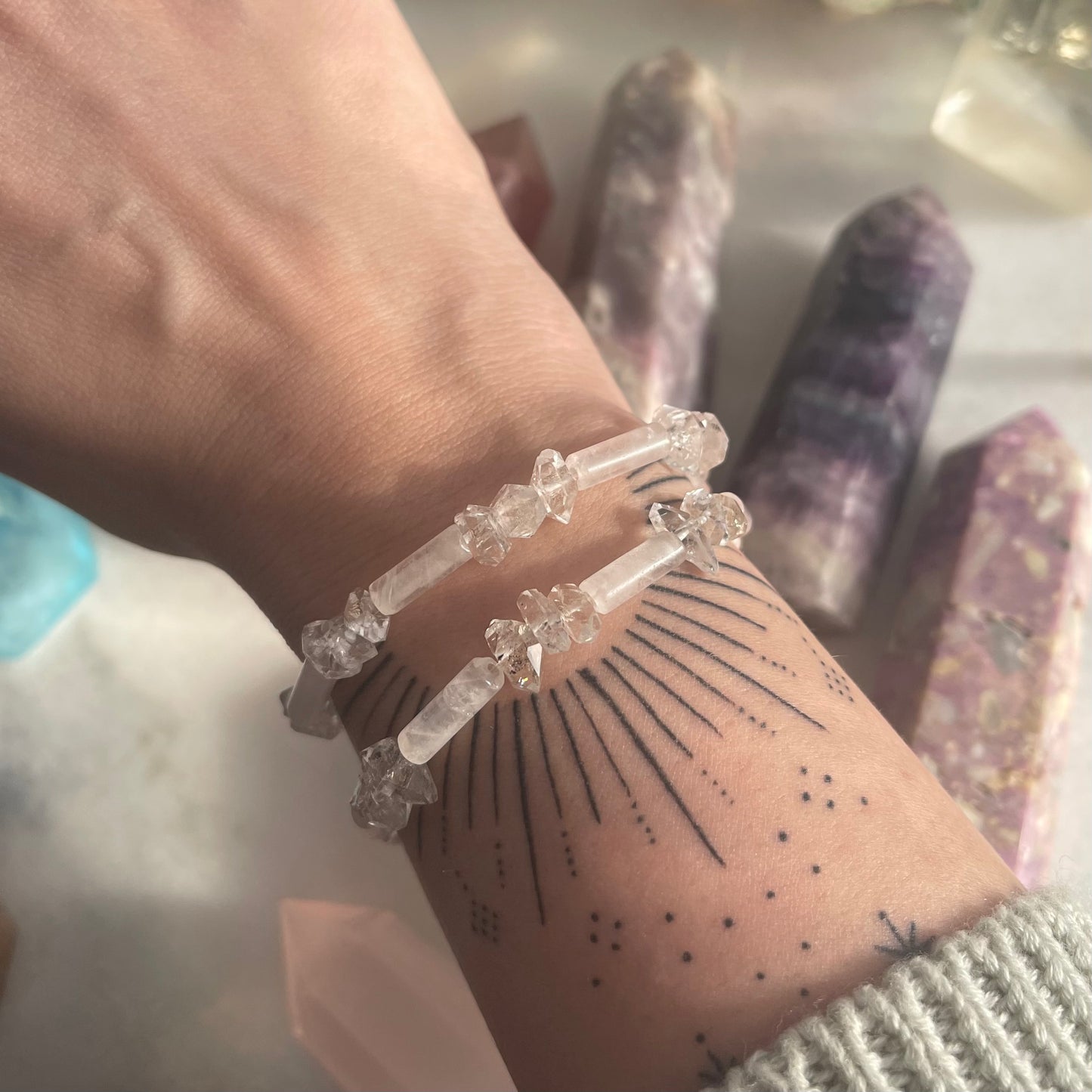 Soft Lavender Mini Beads + Pearls + Herkimer Diamond Bracelet Duo OOAK