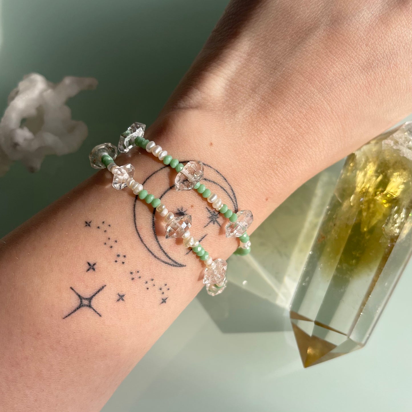 Mint Green + Pearls + Herkimer Diamond Crystal Minibeaded Bracelet Set