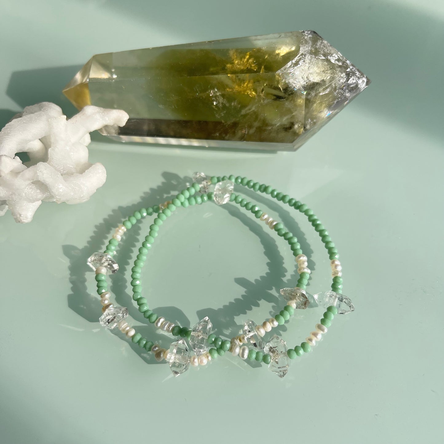Mint Green + Pearls + Herkimer Diamond Crystal Minibeaded Bracelet Set