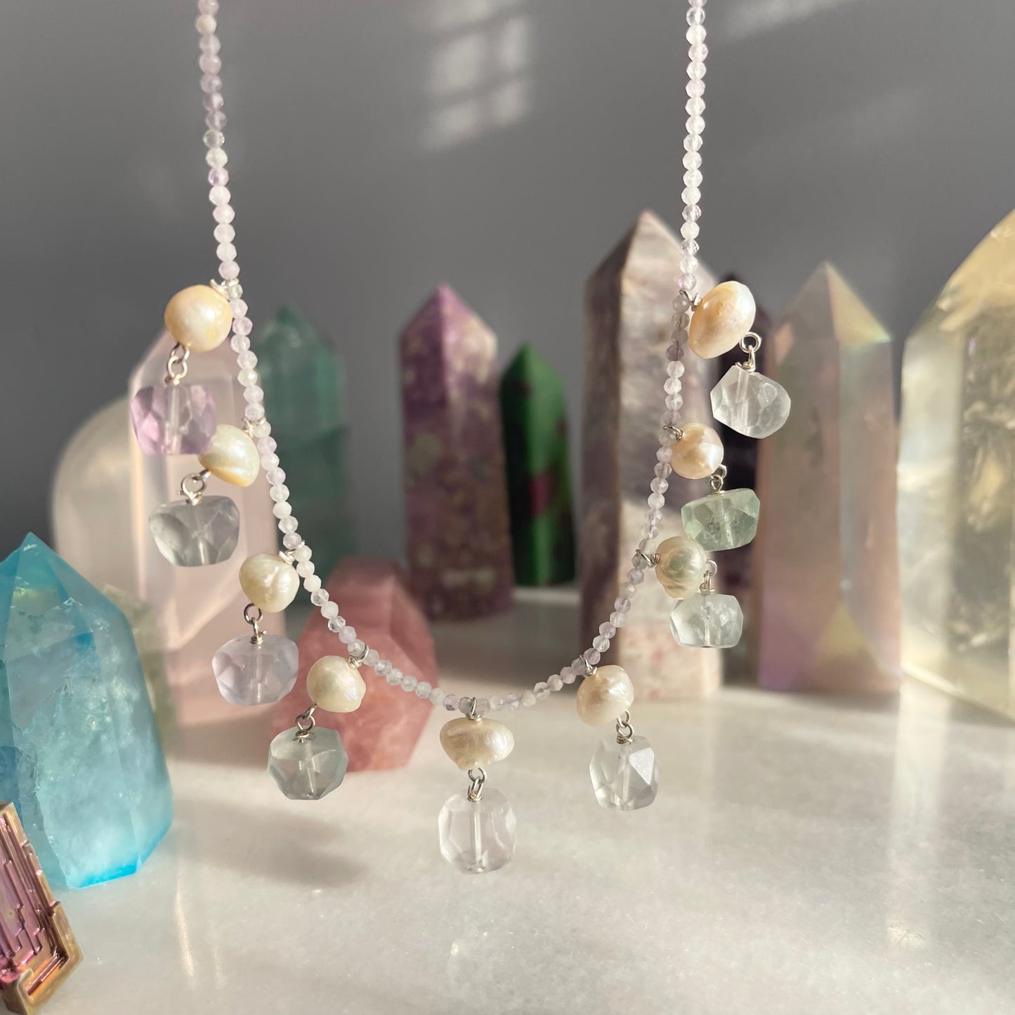 Fluorite + Pearl + Amethyst Beaded Necklace OOAK