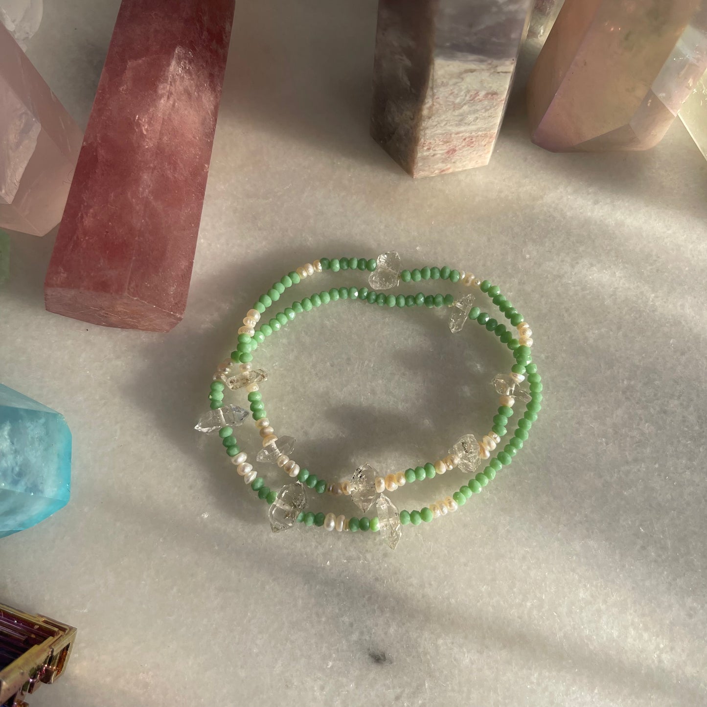 Mint Green + Pearls + Herkimer Diamond Crystal Minibeaded Bracelet Set