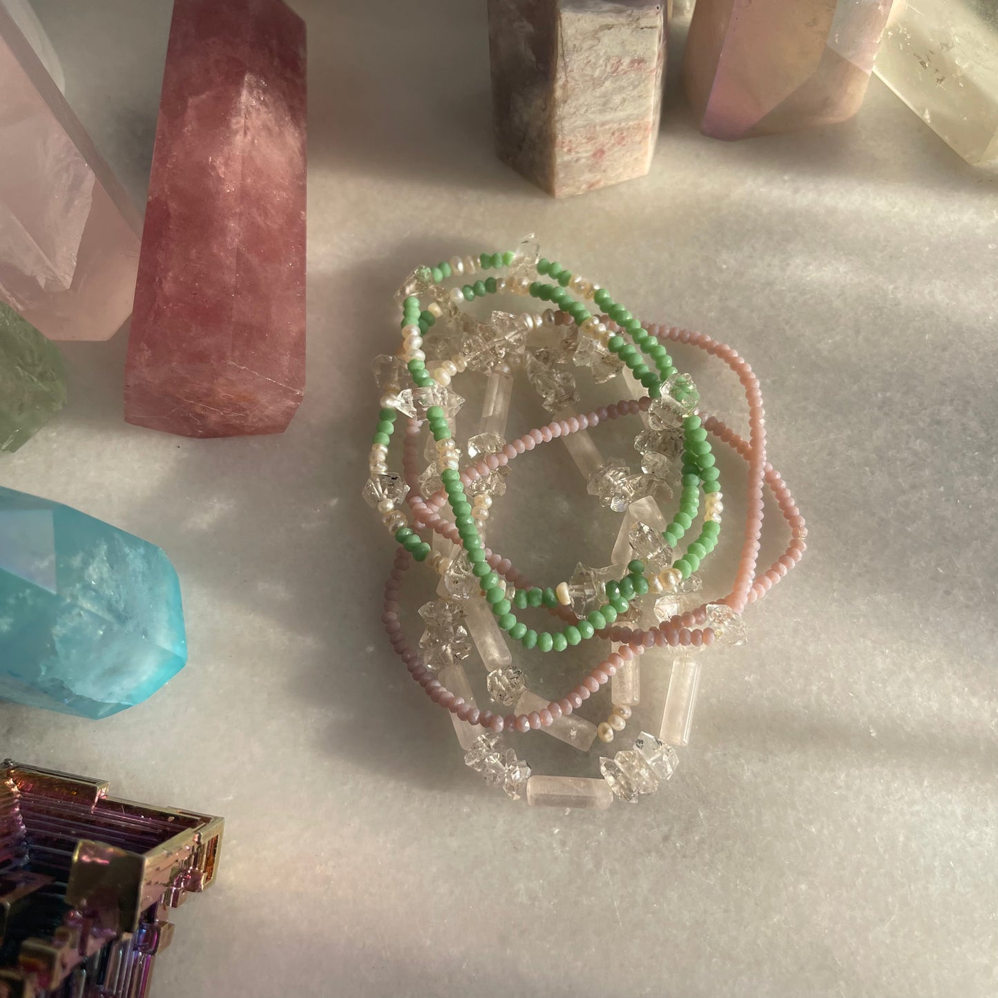 Mint Green + Pearls + Herkimer Diamond Crystal Minibeaded Bracelet Set