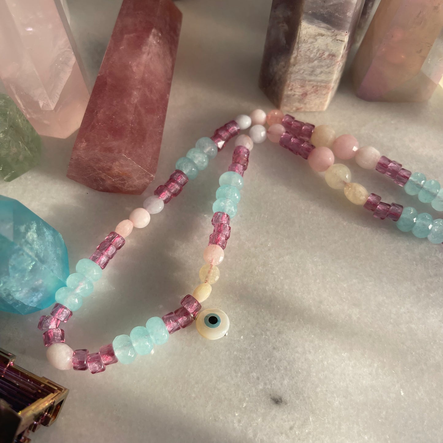 Y2K Cellphone Strap Beaded Evil Eye Pink & Blue Keychain 1/2